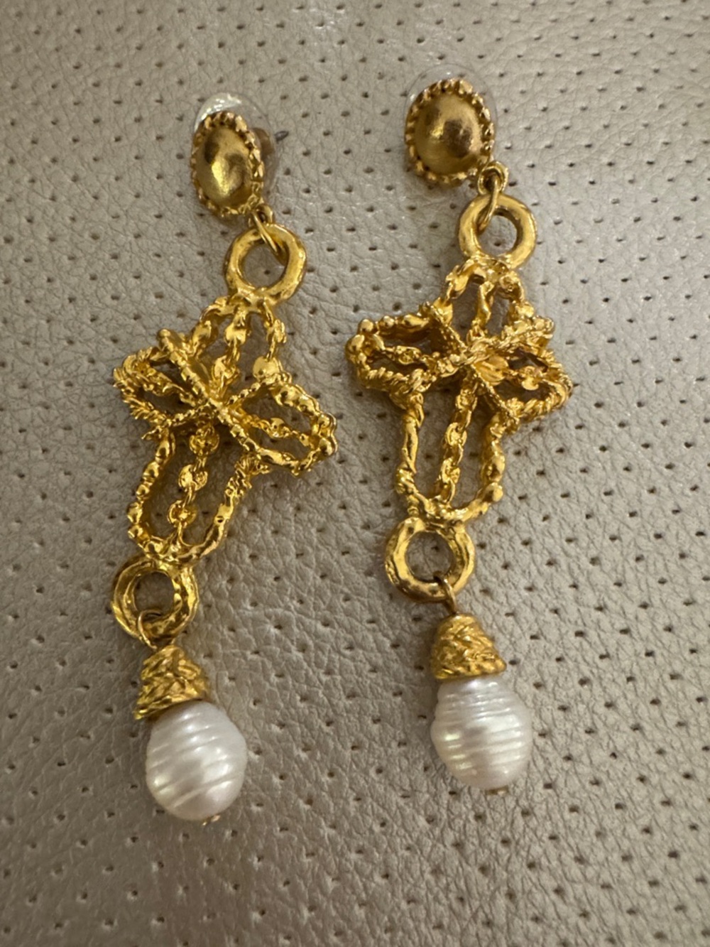 Authentic Susan Shaw Gold Cross Drop Earrings with Pearl Accent